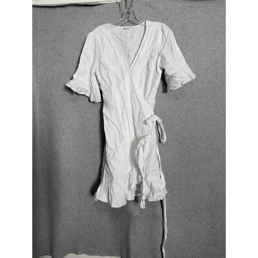 Gap Dress Womens S White Linen Wrap V Neck Ruffle Hem Mini Summer Sundress